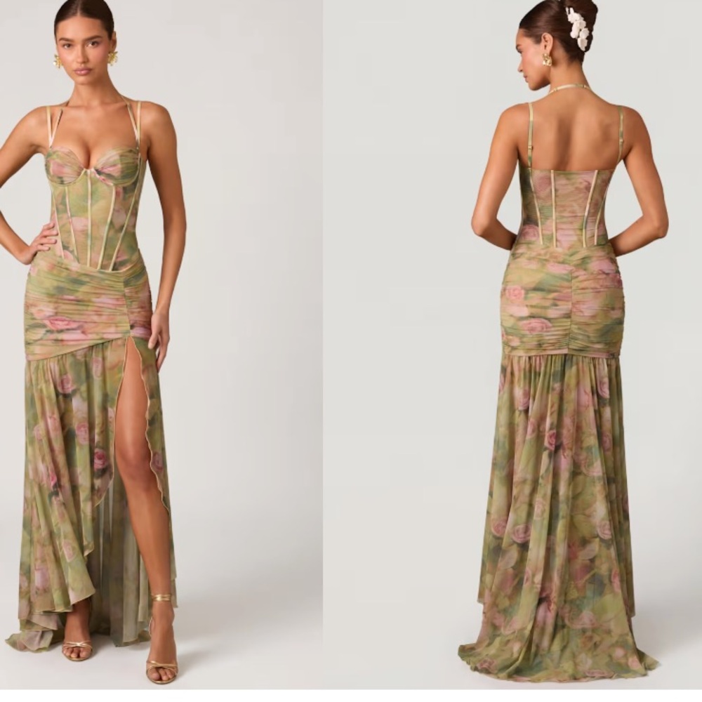 Oh Polly Green Floral Maxi Dress with Corset